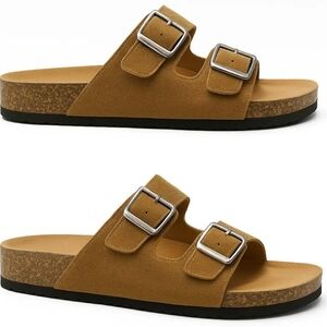 Double Buckle Suede Slide Sandals Available in Camel, Black and White
